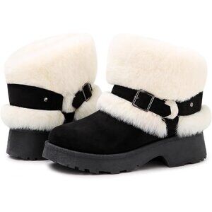 Women's Furry Fuzzy Snow Winter Buckle Slip On Block Heels Black Booties Shoes
